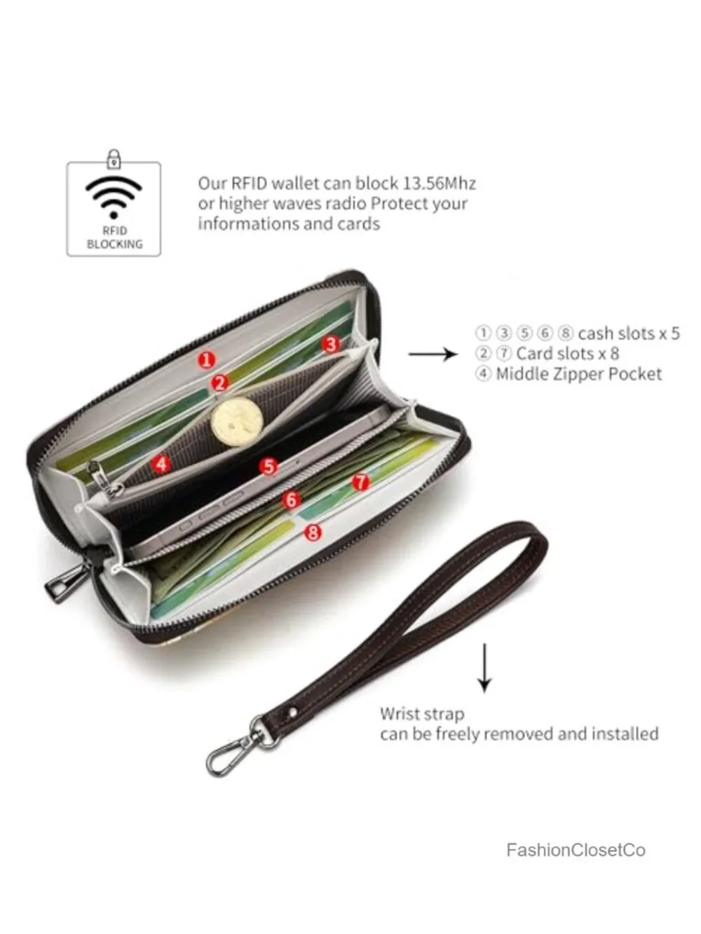 RFID Zipper Wallets for Women PU Leather Credit Card Holder Travel Wristlet